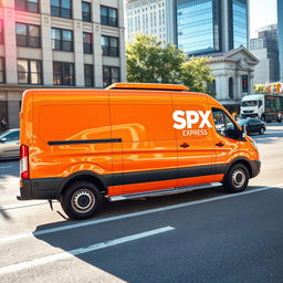 A vibrant orange blind van car, showcasing a professional logo for "SPX EXPRESS" prominently displayed on its side