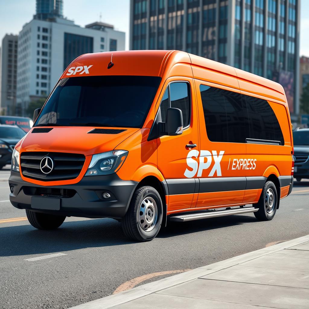 A vibrant orange blind van car, showcasing a professional logo for "SPX EXPRESS" prominently displayed on its side