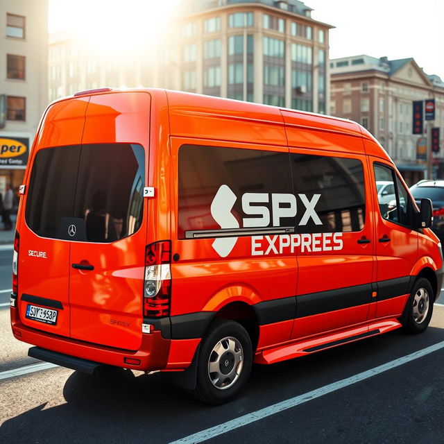 A vibrant orange blind van car, showcasing a professional logo for "SPX EXPRESS" prominently displayed on its side