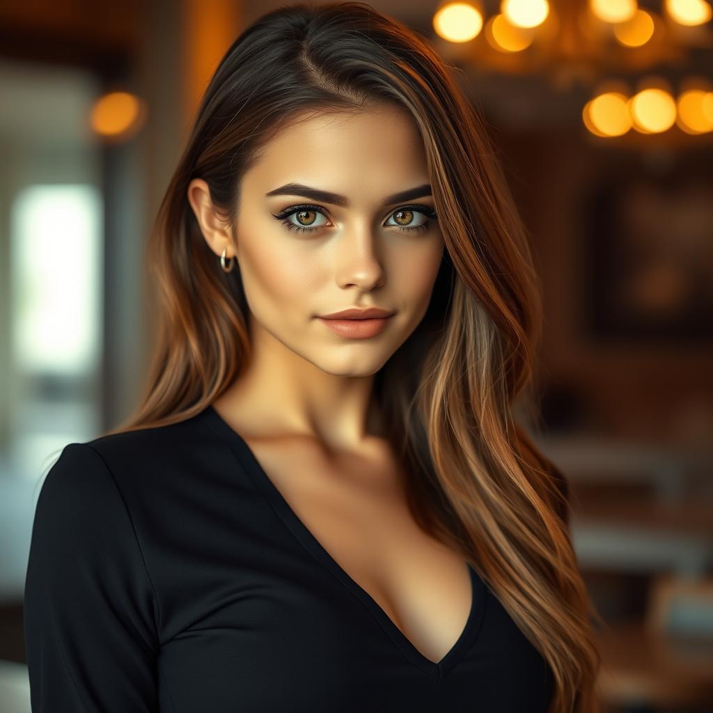 A slim twenty-year-old woman with a slim waist, captivating golden eyes, and a confident sexy look