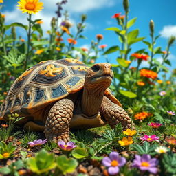 A realistic and detailed portrayal of a tortoise in a vibrant and lush natural habitat