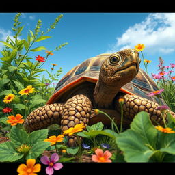 A realistic and detailed portrayal of a tortoise in a vibrant and lush natural habitat