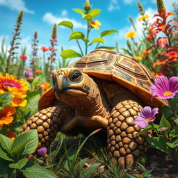 A realistic and detailed portrayal of a tortoise in a vibrant and lush natural habitat
