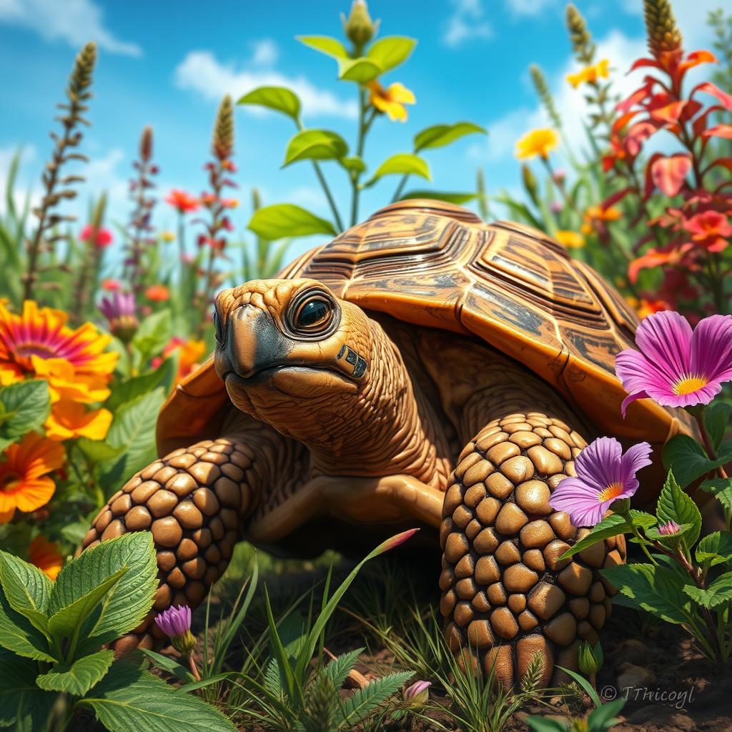 A realistic and detailed portrayal of a tortoise in a vibrant and lush natural habitat
