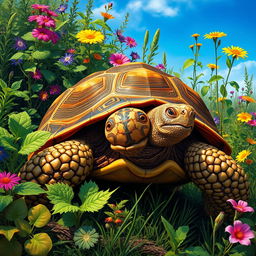 A realistic and detailed portrayal of a tortoise in a vibrant and lush natural habitat