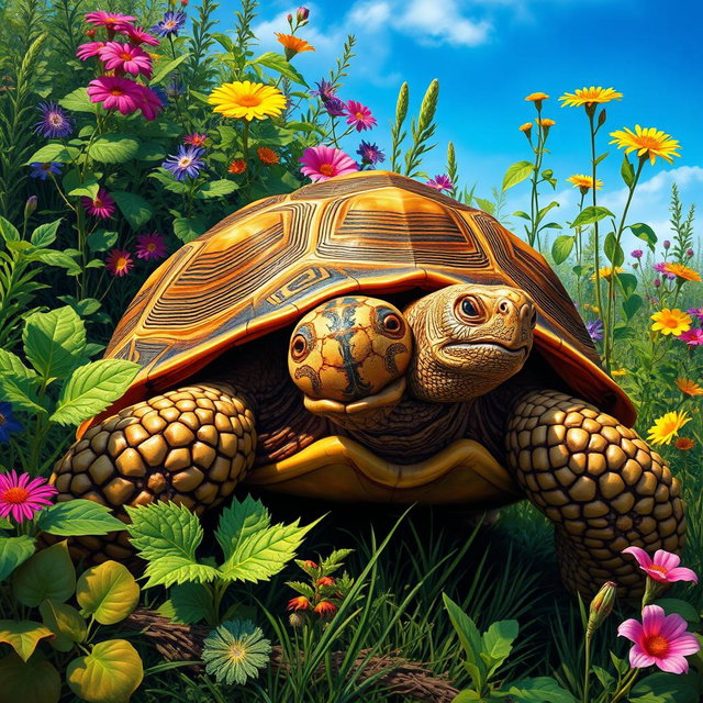 A realistic and detailed portrayal of a tortoise in a vibrant and lush natural habitat