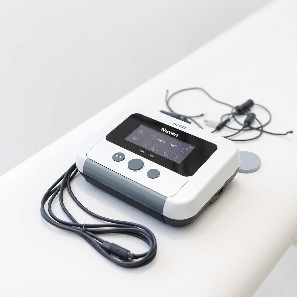 A close-up shot of a physiotherapy treatment table featuring the Nuven 620 stimulator device prominently displayed