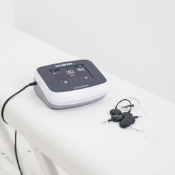 A close-up shot of a physiotherapy treatment table featuring the Nuven 620 stimulator device prominently displayed