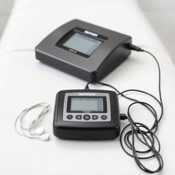 A close-up shot of a physiotherapy treatment table featuring the Nuven 620 stimulator device prominently displayed