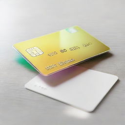 A shiny, new credit card, lying flat on a surface. The card prominently displays a chip, logo, and hologram but has blank spaces where sensitive information would typically be.