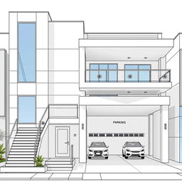 A detailed front elevation of a modern building featuring a 2 and a half story design
