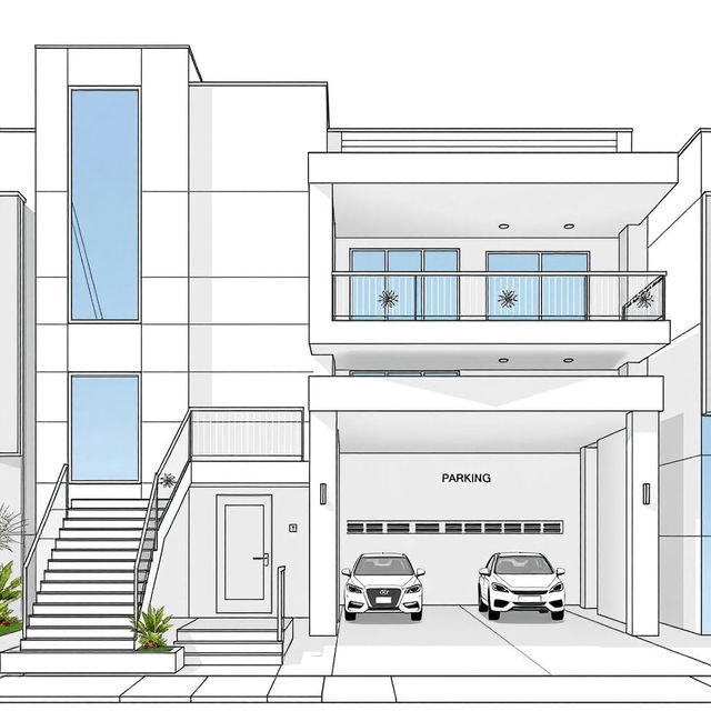 A detailed front elevation of a modern building featuring a 2 and a half story design