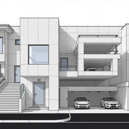 A detailed front elevation of a modern building featuring a 2 and a half story design