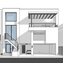 A detailed front elevation of a modern building featuring a 2 and a half story design