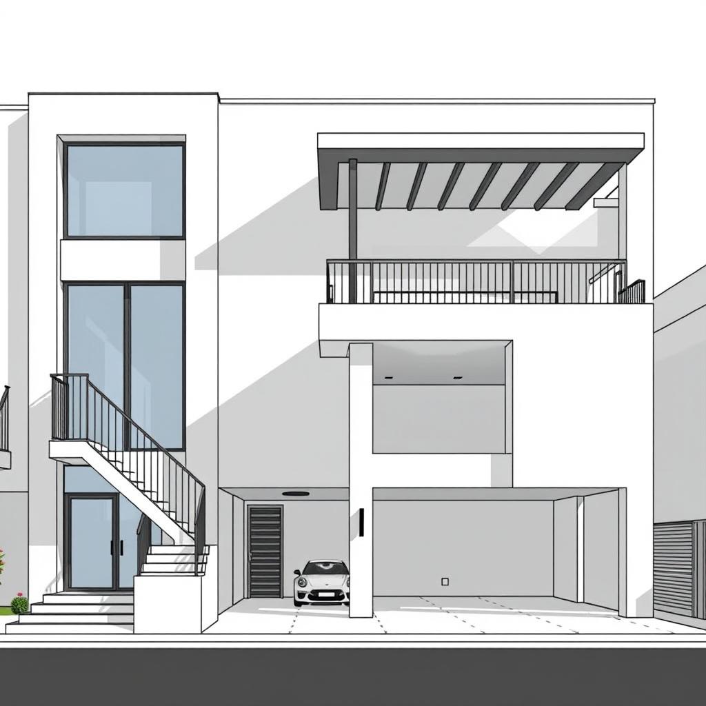 A detailed front elevation of a modern building featuring a 2 and a half story design