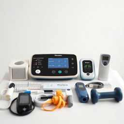 A close-up shot featuring various physiotherapy equipment arranged neatly on a treatment table against a plain white background