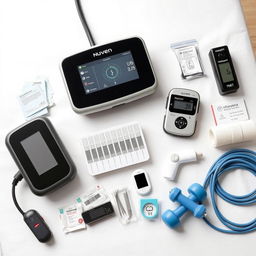 A close-up shot featuring various physiotherapy equipment arranged neatly on a treatment table against a plain white background