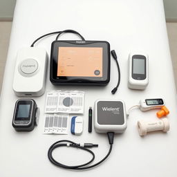 A close-up shot featuring various physiotherapy equipment arranged neatly on a treatment table against a plain white background