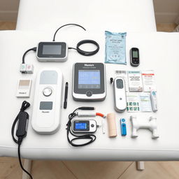 A close-up shot featuring various physiotherapy equipment arranged neatly on a treatment table against a plain white background