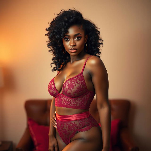 An elegant African American woman poses confidently in stylish lingerie, embracing her curves with grace