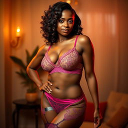 An elegant African American woman poses confidently in stylish lingerie, embracing her curves with grace