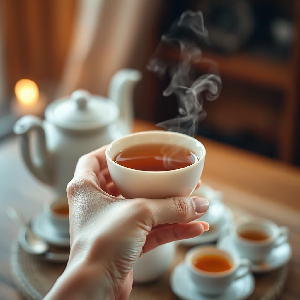 A beautifully detailed image of a hand gracefully holding a delicate porcelain cup of tea, with steam rising gently from the cup