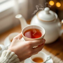 A beautifully detailed image of a hand gracefully holding a delicate porcelain cup of tea, with steam rising gently from the cup