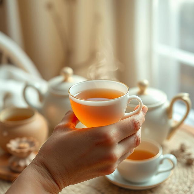 A beautifully detailed image of a hand gracefully holding a delicate porcelain cup of tea, with steam rising gently from the cup