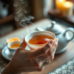 A beautifully detailed image of a hand gracefully holding a delicate porcelain cup of tea, with steam rising gently from the cup