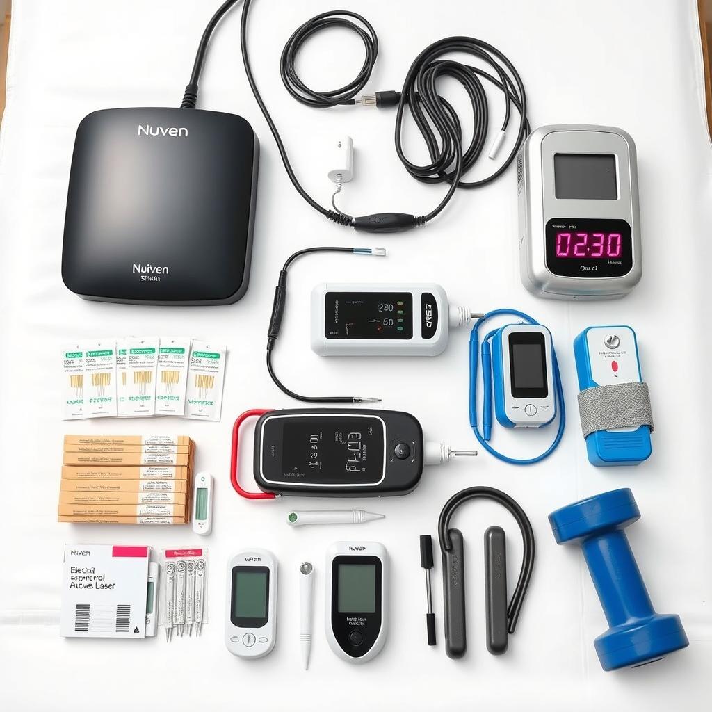 A close-up shot on a white background showcasing various physiotherapy equipment arranged neatly on a treatment table