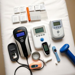 A close-up shot on a white background showcasing various physiotherapy equipment arranged neatly on a treatment table