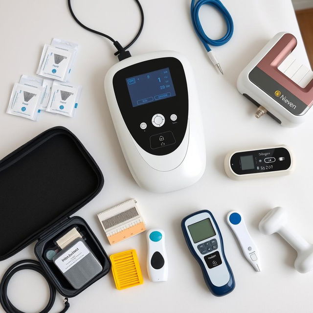 A close-up shot on a white background showcasing various physiotherapy equipment arranged neatly on a treatment table
