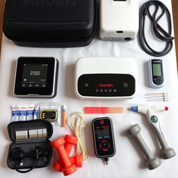 A close-up shot on a white background showcasing various physiotherapy equipment arranged neatly on a treatment table