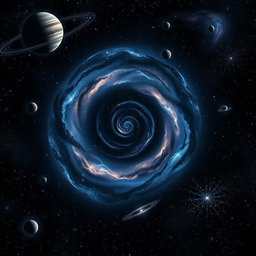 A stunning black galaxy filled with swirling stars, planets, and nebulae, seamlessly blended with elements of scientific exploration