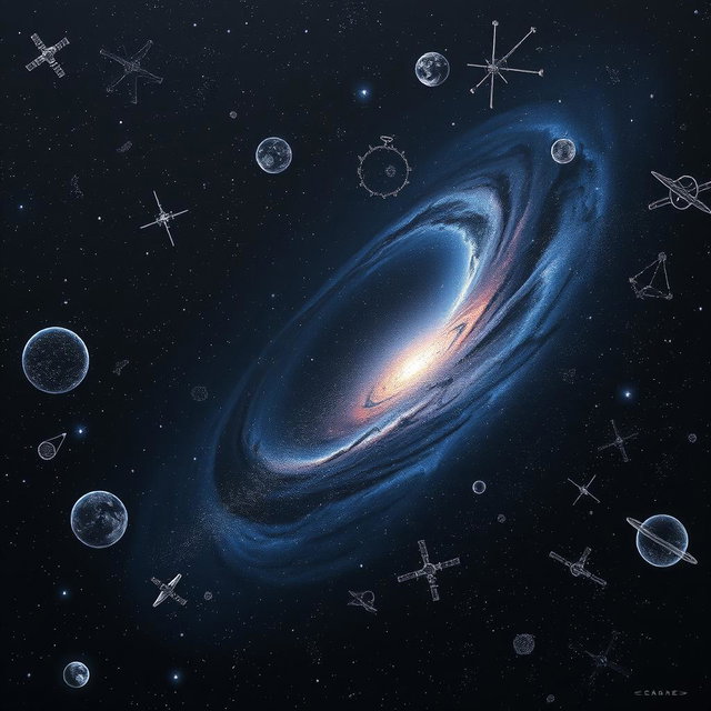 A stunning black galaxy filled with swirling stars, planets, and nebulae, seamlessly blended with elements of scientific exploration