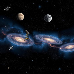 A stunning black galaxy filled with swirling stars, planets, and nebulae, seamlessly blended with elements of scientific exploration