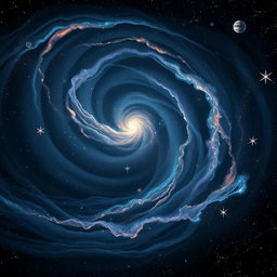 A stunning black galaxy filled with swirling stars, planets, and nebulae, seamlessly blended with elements of scientific exploration