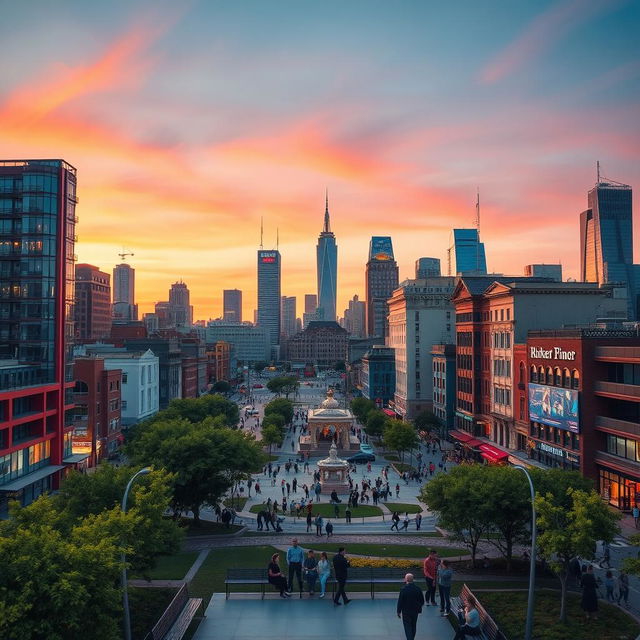 A vibrant and bustling urban cityscape filled with colorful skyscrapers, busy streets, and diverse people going about their day