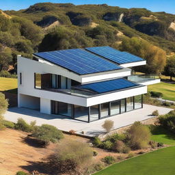 A modern house with sleek, shiny solar panels neatly arranged on the roof, set against a clear blue sky.