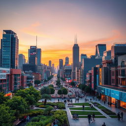 A vibrant and bustling urban cityscape filled with colorful skyscrapers, busy streets, and diverse people going about their day