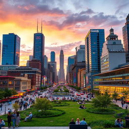 A vibrant and bustling urban cityscape filled with colorful skyscrapers, busy streets, and diverse people going about their day