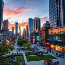 A vibrant and bustling urban cityscape filled with colorful skyscrapers, busy streets, and diverse people going about their day