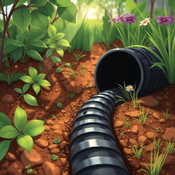 A detailed and realistic illustration of a drainage pipe in a lush garden setting