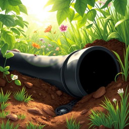 A detailed and realistic illustration of a drainage pipe in a lush garden setting