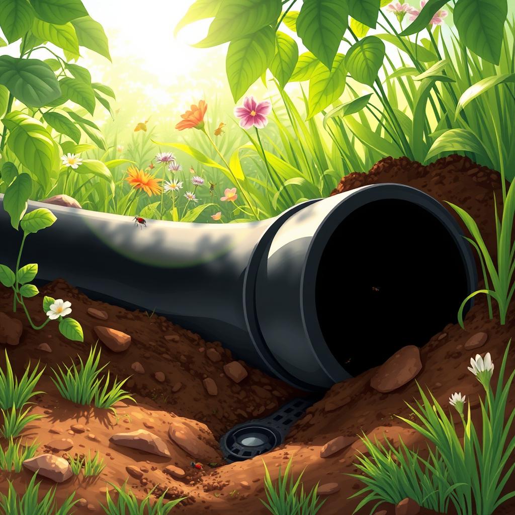 A detailed and realistic illustration of a drainage pipe in a lush garden setting