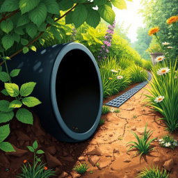 A detailed and realistic illustration of a drainage pipe in a lush garden setting