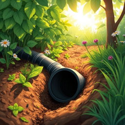 A detailed and realistic illustration of a drainage pipe in a lush garden setting