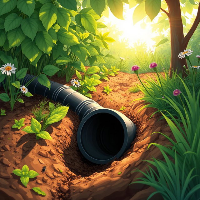 A detailed and realistic illustration of a drainage pipe in a lush garden setting