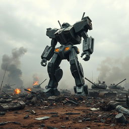 A war-torn battlefield with a dystopian atmosphere featuring a towering bipedal mech reminiscent of a gundam