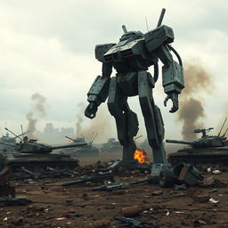A war-torn battlefield with a dystopian atmosphere featuring a towering bipedal mech reminiscent of a gundam